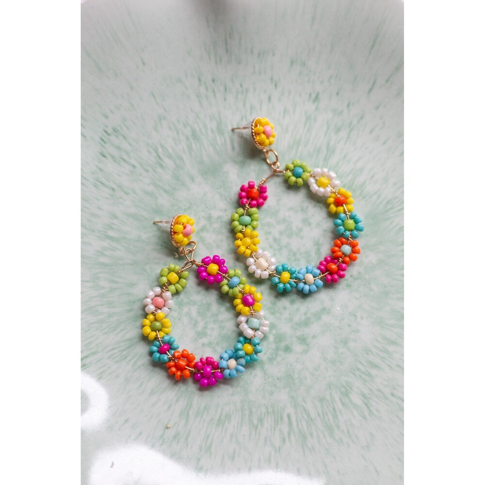 Floral Hoop Earrings: Colorful Seed Bead Flower Dangles